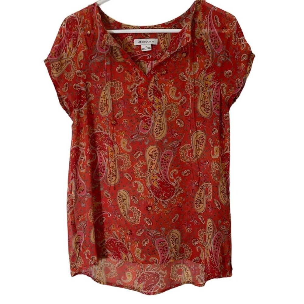 Liz Claiborne Womens Blouse S Top Red Paisley Fray Chiffon Semi Sheer Fairy